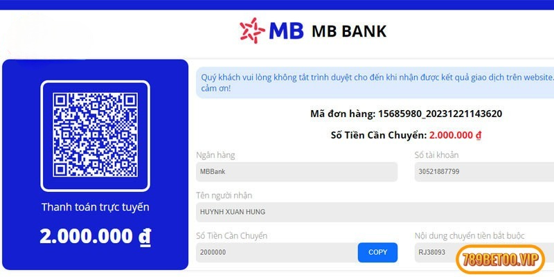 Giao diện nạp qua internet banking